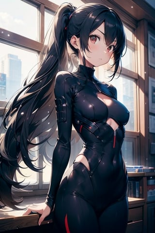 anime style beautiful woman, 1girl, upper body, ponytail, brown hair, long hair, 
Slender, skinny, Flat Chest, small breasts, (turime), thick eyebrows, 
vibrant colors, female, masterpiece, sharp focus, best quality, depth of field, cinematic lighting, (illustration, 8k CG, extremely detailed), ultra-detailed, high resolution, 
{{{masterpiece}}}, {{{best quality}}}, {{{ultra-detailed}}}, {cinematic lighting}, {illustration}, 1girl,BODYSUIT,SKIN TIGHT,Cyberpunk, plug bodysuit, hourglass figure, sexy pose, leaning, medium breasts, bodysuit, dark ambience, low key light, skin tight, skiirt ,Anigame ,very_long_hair, falling_snow, on_one_foot