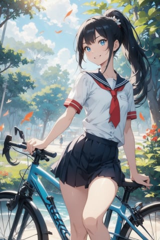 anime style beautiful woman, 1girl, (ponytail), black hair, (long hair), (smile), (beach), (outdoor, blue sky, beautiful fantasy tropics, sweet smile, vivid color, sunshine, flowers, scenery, Beautiful forest)),  (riding a bicycle across the road), 
Slender, skinny, Flat Chest, small breasts, (turime), thick eyebrows, 
(school uniform), (sailor uniform), ((red sailor tie)), (white sailor blouse), 
vibrant colors, sharp focus, best quality, depth of field, cinematic lighting, (illustration, 8k CG, extremely detailed), ultra-detailed, high resolution, firefliesfireflies, perfect light, 
stylish pose, 8k, very clear, highest quality, high resolution. best quality, illustration, sax blue, 1girl, cute, (dynamic lighting:1.2), cinematic lighting, delicate facial features, detailed eyes, sharp pupils, realistic pupils, depth of field, bokeh, sharp focus, (hyper-detailed, bloom, glow:1.4), many small gems,Beautiful Beach,riding a road bike,Magic Forest