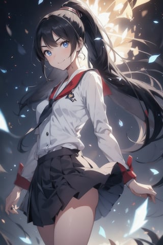 anime style beautiful woman, 1girl, (ponytail), black hair, (long hair), (smile), full body, 
Slender, skinny, (turime), thick eyebrows, 
(school uniform), (sailor uniform), ((red sailor tie)), (white sailor blouse), 
vibrant colors, sharp focus, best quality, depth of field, cinematic lighting, (illustration, 8k CG, extremely detailed), ultra-detailed, high resolution, firefliesfireflies, perfect light, 
stylish pose, 8k, very clear, highest quality, high resolution. best quality, illustration, sax blue, 1girl, cute, (dynamic lighting:1.2), cinematic lighting, delicate facial features, detailed eyes, sharp pupils, realistic pupils, depth of field, bokeh, sharp focus, (hyper-detailed, bloom, glow:1.4), many small gems