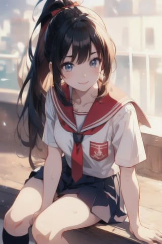 anime style beautiful woman, 1girl, (ponytail), black hair, (long hair), 
(smile), full body, 
Slender, skinny, (turime), thick eyebrows, 
(school uniform), (sailor uniform), ((red sailor tie)), (white sailor blouse), 
beautiful woman, highest quality, high resolution, best quality, highest quality, high resolution, 18-year-old girl, light smile, perfect shiny skin, fair skin, flawless skin, solo, sweat, simple_background, RAW photo, highest quality, High detail RAW color photo professional photo, realistic, photo realism, highest quality, best shadow, best illustration, ultra high resolution, highly detailed CG unified 8K wallpapers, physics-based rendering, depth of field, cinematic lighting, 8k, 16k