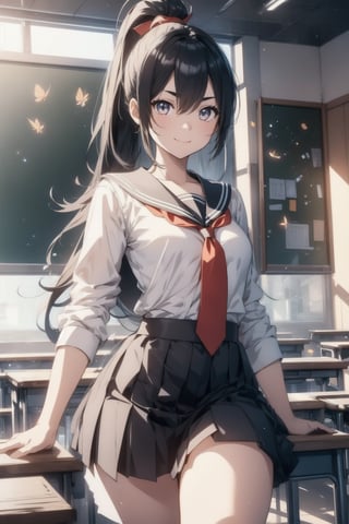anime style beautiful woman, 1girl, (ponytail), black hair, (long hair), (smile), (((Classroom, blurry background))),
Slender, skinny, (turime), thick eyebrows, 
(school uniform), (sailor uniform), ((red sailor tie)), (white sailor blouse), 
vibrant colors, sharp focus, best quality, depth of field, cinematic lighting, (illustration, 8k CG, extremely detailed), ultra-detailed, high resolution, firefliesfireflies, perfect light, 
stylish pose, 8k, very clear, highest quality, high resolution. best quality, illustration, sax blue, 1girl, cute, (dynamic lighting:1.2), cinematic lighting, delicate facial features, detailed eyes, sharp pupils, realistic pupils, depth of field, bokeh, sharp focus, (hyper-detailed, bloom, glow:1.4), many small gems, e235,Void volumes,Classroom,light