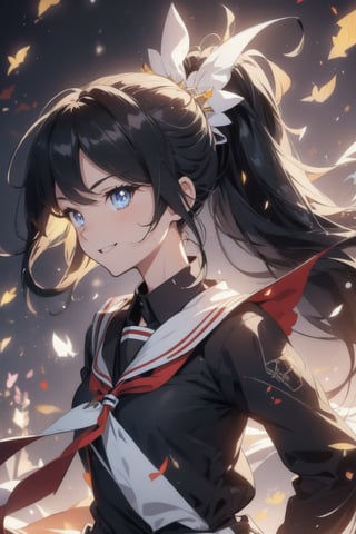 anime style beautiful woman, 1girl, (ponytail), black hair, (long hair), 
(smile), 
Slender, skinny, (turime), thick eyebrows, 
(school uniform), (sailor uniform), ((red sailor tie)), (white sailor blouse), 
 (((wrenchsmechs))), 
vibrant colors, sharp focus, best quality, depth of field, cinematic lighting, (illustration, 8k CG, extremely detailed), ultra-detailed, high resolution, firefliesfireflies, perfect light, 
stylish pose, 8k, very clear, highest quality, high resolution. best quality, illustration, sax blue, 1girl, cute, (dynamic lighting:1.2), cinematic lighting, delicate facial features, detailed eyes, sharp pupils, realistic pupils, depth of field, bokeh, sharp focus, (hyper-detailed, bloom, glow:1.4), many small gems,rushpunch,(>_<:1),wrenchsmechs