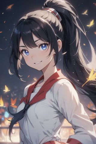 anime style beautiful woman, 1girl, (ponytail), black hair, (long hair), (smile),
Slender, skinny, (turime), thick eyebrows, 
(school uniform), (sailor uniform), ((red sailor tie)), (white sailor blouse), 
vibrant colors, sharp focus, best quality, depth of field, cinematic lighting, (illustration, 8k CG, extremely detailed), ultra-detailed, high resolution, firefliesfireflies, perfect light, 
stylish pose, 8k, very clear, highest quality, high resolution. best quality, illustration, sax blue, 1girl, cute, (dynamic lighting:1.2), cinematic lighting, delicate facial features, detailed eyes, sharp pupils, realistic pupils, depth of field, bokeh, sharp focus, (hyper-detailed, bloom, glow:1.4), many small gems