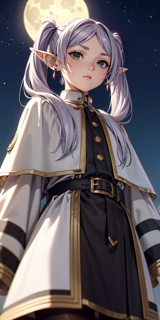 beautiful girl, petite, emotionless, light purple hair, green eyes, side twintails, center parted, no ribbon on head, elf years, long years,  Slender, skinny, Flat Chest, small breasts, upper body, cute lovely,  detailed face, detailed body, shirt, long sleeves, jewelry, pantyhose, earrings, striped, black pantyhose, capelet, striped shirt, frieren, highest quality, high resolution.,frieren, ((moon)), night, cinematic, colorful, extremely detailed, from below, in sky, flying, behind moon