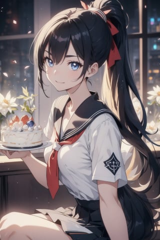 anime style beautiful woman, 1girl, (ponytail), black hair, (long hair), 
(smile), 
Slender, skinny, (turime), thick eyebrows, 
(school uniform), (sailor uniform), ((red sailor tie)), (white sailor blouse), 
sitting, (((holding cake))), front view, 
vibrant colors, sharp focus, best quality, depth of field, cinematic lighting, (illustration, 8k CG, extremely detailed), ultra-detailed, high resolution, firefliesfireflies, perfect light, 
stylish pose, 8k, very clear, highest quality, high resolution. best quality, illustration, sax blue, 1girl, cute, (dynamic lighting:1.2), cinematic lighting, delicate facial features, detailed eyes, sharp pupils, realistic pupils, depth of field, bokeh, sharp focus, (hyper-detailed, bloom, glow:1.4), many small gems,light