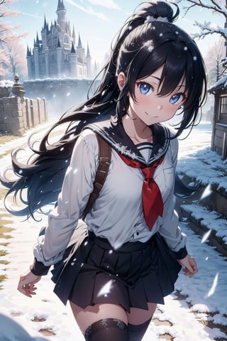 anime style beautiful woman, 1girl, (ponytail), black hair, (long hair), (smile), (((path leading to castle in background. scene takes place in winter. snow. cold. very low temperature. cold fog))),
Slender, skinny, (turime), thick eyebrows, 
(school uniform), (sailor uniform), ((red sailor tie)), (white sailor blouse), 
vibrant colors, sharp focus, best quality, depth of field, cinematic lighting, (illustration, 8k CG, extremely detailed), ultra-detailed, high resolution, firefliesfireflies, perfect light, 
stylish pose, 8k, very clear, highest quality, high resolution. best quality, illustration, sax blue, 1girl, cute, (dynamic lighting:1.2), cinematic lighting, delicate facial features, detailed eyes, sharp pupils, realistic pupils, depth of field, bokeh, sharp focus, (hyper-detailed, bloom, glow:1.4), many small gems,salttech,breakdomain