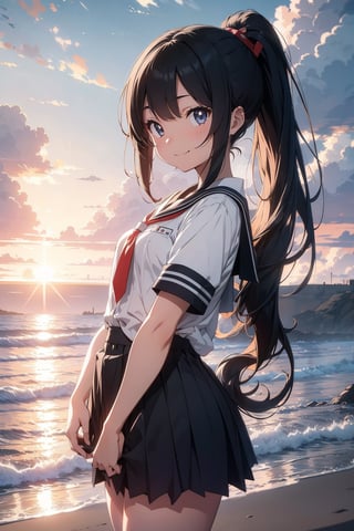 anime style beautiful woman, 1girl, (ponytail), black hair, (long hair), (smile), (beach), (A blanket of clouds stretching across the sky, diffusing sunlight and creating a soft, subdued atmosphere)),  
Slender, skinny, (turime), thick eyebrows, 
(school uniform), (sailor uniform), ((red sailor tie)), (white sailor blouse), 
vibrant colors, sharp focus, best quality, depth of field, cinematic lighting, (illustration, 8k CG, extremely detailed), ultra-detailed, high resolution, firefliesfireflies, perfect light, 
stylish pose, 8k, very clear, highest quality, high resolution. best quality, illustration, sax blue, 1girl, cute, (dynamic lighting:1.2), cinematic lighting, delicate facial features, detailed eyes, sharp pupils, realistic pupils, depth of field, bokeh, sharp focus, (hyper-detailed, bloom, glow:1.4), many small gems,Beautiful Beach,rain,niji,light,breakdomain