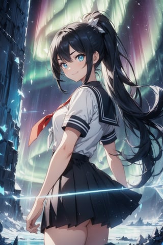 anime style beautiful woman, 1girl, (ponytail), black hair, (long hair), (smile), (((Arctic Iceland background, aurora in the sky))),
Slender, skinny, (turime), thick eyebrows, 
(school uniform), (sailor uniform), ((red sailor tie)), (white sailor blouse), 
vibrant colors, sharp focus, best quality, depth of field, cinematic lighting, (illustration, 8k CG, extremely detailed), ultra-detailed, high resolution, firefliesfireflies, perfect light, 
stylish pose, 8k, very clear, highest quality, high resolution. best quality, illustration, sax blue, 1girl, cute, (dynamic lighting:1.2), cinematic lighting, delicate facial features, detailed eyes, sharp pupils, realistic pupils, depth of field, bokeh, sharp focus, (hyper-detailed, bloom, glow:1.4), many small gems
