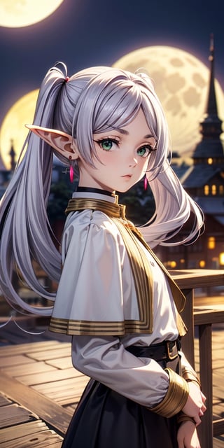 beautiful girl, petite, emotionless, light purple hair, green eyes, side twintails, center parted, no ribbon on head, elf years, long years,  Slender, skinny, Flat Chest, small breasts, upper body, cute lovely,  detailed face, detailed body, shirt, long sleeves, jewelry, pantyhose, earrings, striped, black pantyhose, capelet, striped shirt, frieren, highest quality, high resolution.,frieren, ((moon)), night, cinematic, colorful, extremely detailed, in sky, looking back, behind moon, basic_background