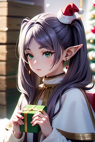 beautiful girl, petite, emotionless, holding a christmas gift, surrounded by gifts, light purple hair, green eyes, side twintails, center parted, no ribbon on head, elf years, long years,  Slender, skinny, Flat Chest, small breasts, (portrait), upper body, cute lovely,  detailed face, detailed body, shirt, long sleeves, jewelry, pantyhose, earrings, striped, black pantyhose, capelet, striped shirt, christmas hat, frieren, highest quality, high resolution.,frieren, ,Santa Claus, from avove, snow, midnight