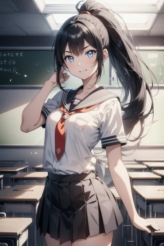 anime style beautiful woman, 1girl, (ponytail), black hair, (long hair), (smile), (((Classroom, blurry background))),
Slender, skinny, (turime), thick eyebrows, 
(school uniform), (sailor uniform), ((red sailor tie)), (white sailor blouse), 
vibrant colors, sharp focus, best quality, depth of field, cinematic lighting, (illustration, 8k CG, extremely detailed), ultra-detailed, high resolution, firefliesfireflies, perfect light, 
stylish pose, 8k, very clear, highest quality, high resolution. best quality, illustration, sax blue, 1girl, cute, (dynamic lighting:1.2), cinematic lighting, delicate facial features, detailed eyes, sharp pupils, realistic pupils, depth of field, bokeh, sharp focus, (hyper-detailed, bloom, glow:1.4), many small gems, e235,Void volumes,Classroom,light