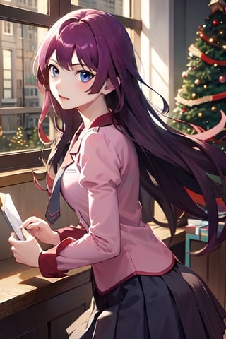 masterpiece, best quality, highres, sh1, senjougahara hitagi, long hair, long sleeves, necktie, school uniform, pleated skirt, juliet sleeves, black thighhighs, pink shirt, upper body, highest quality, high resolution, holding christmas gift