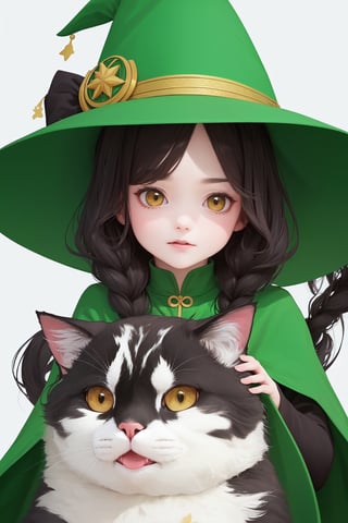 (( Riding a giant fat fluffy calico cat )), shining eyes, twin braid, black hair, parted bangs, little girl, 10 years old, simple green witch's big hat and green robe, ,chibi,genshin chibi emote,best quality,1girl