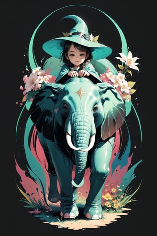 (( Riding a giant decorated elephant )) , shining eyes , twin braid , black hair , parted bangs, little girl, 10 years old, simple green witch's big hat and green robe, intricate details, 32k digital painting, hyperrealism, (vivid color,abstract background:1.3, colorful:1.3, flowers:1.2, zentangle:1.2, fractal art:1.1) ,High detailed ,