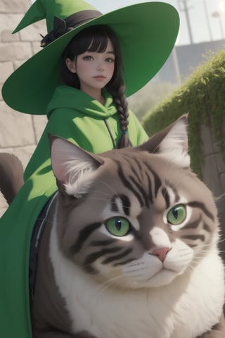 (( Riding a giant fat fluffy cat )), shining eyes, twin braid, black hair, parted bangs, little girl, 10 years old, simple green witch's big hat and green robe, intricate details, 32k digital painting, hyperrealism,High detailed