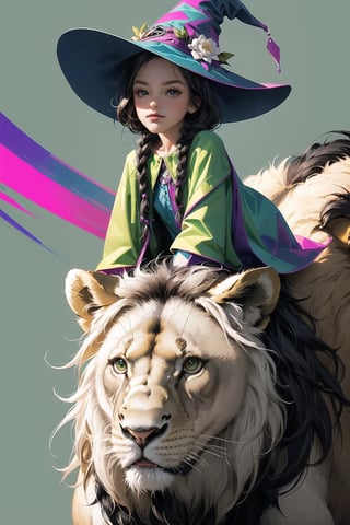 (( Riding a giant fat lion )) , shining eyes , twin braid , black hair , parted bangs, little girl, 10 years old, simple green witch's big hat and green robe, intricate details, 32k digital painting, hyperrealism, (vivid color,abstract background:1.3, colorful:1.3, flowers:1.2, zentangle:1.2, fractal art:1.1) ,High detailed ,