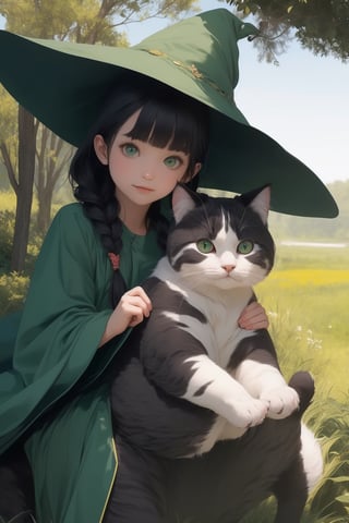 (( Riding a giant fat fluffy cat )), shining eyes, twin braid, black hair, parted bangs, little girl, 10 years old, simple green witch's big hat and green robe, ,YAMATO,masterpiece,best quality,portrait,Anitoon2