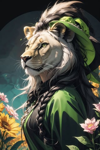 (( Riding a giant fat lion )) , shining eyes , twin braid , black hair , parted bangs, little girl, 10 years old, simple green witch's big hat and green robe, intricate details, 32k digital painting, hyperrealism, (vivid color,abstract background:1.3, colorful:1.3, flowers:1.2, zentangle:1.2, fractal art:1.1) ,High detailed ,