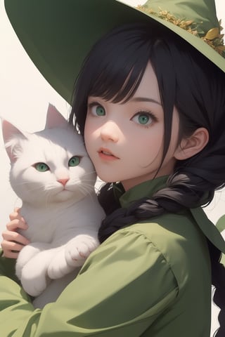 (( Riding a giant fat fluffy cat )), shining eyes, twin braid, black hair, parted bangs, little girl, 10 years old, simple green witch's big hat and green robe, ,YAMATO,masterpiece,best quality,portrait,Anitoon2