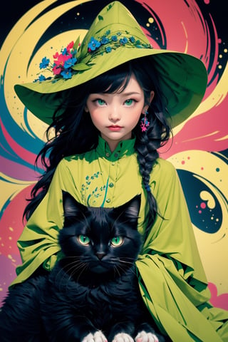 (( Riding a giant fat fluffy cat )) , shining eyes , twin braid , black hair , parted bangs, little girl, 10 years old, simple green witch's big hat and green robe, intricate details, 32k digital painting, hyperrealism, (vivid color,abstract background:1.3, colorful:1.3, flowers:1.2, zentangle:1.2, fractal art:1.1) ,High detailed ,midjourney,cat,chibi,xyzsanart01