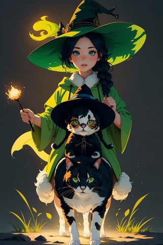 (( Riding a giant fat fluffy calico cat )), shining eyes, twin braid, black hair, parted bangs, little girl, 10 years old, simple green witch's big hat and green robe, ,chibi,genshin chibi emote,best quality,fantasy,art,highres