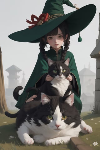 (( Riding a giant fat fluffy calico cat )), shining eyes, twin braid, black hair, parted bangs, little girl, 10 years old, simple green witch's big hat and green robe, ,chibi,genshin chibi emote,best quality,fantasy,art,