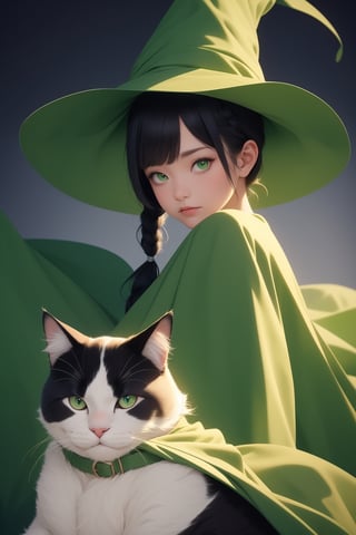 (( Riding a giant fat fluffy cat )), shining eyes, twin braid, black hair, parted bangs, little girl, 10 years old, simple green witch's big hat and green robe, ,YAMATO,masterpiece,best quality,portrait,