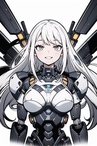 masterpiece, robot girl, white eyes, white hair, long hair, 1girl, cyborg, upper body, joints, mecha musume, portrait, mechanical arms, happy, mechanical legs, robot joints, black and white,