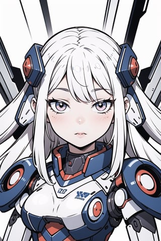 masterpiece, robot girl, white eyes, white hair, long hair, upper body, mecha musume, portrait, mechanical arms, robot joints, bright colors, light colors, non-colored