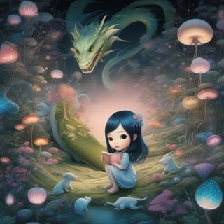   ultra highly detailed, , cinematic, 32k,  Asian folklore,  detailed  ink, acrylic,  by Craola,  Nicoletta Ceccoli, Beeple, Jeremiah Ketner  Todd Lockwood, storybook illustration,  cute  vivid tiny   Yokai  fairy   girl  and  perfect  Asian  ghost dragon , extremely big sharp  glowing   eyes,  meadow, forest,  night, ,stars, starry sky, fairytale,  storybook,   mystical, highly detailed unusual  highly detailed, intricated, intricated pose,   masterpiece, high quality, ultra details, small detailing,vibrant colors, complex patterns , unreal engine ,