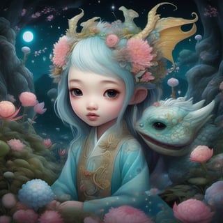   ultra highly detailed, , cinematic, 32k,  Asian folklore,  detailed  ink, acrylic,  by Craola,  Nicoletta Ceccoli, Beeple, Jeremiah Ketner  Todd Lockwood, storybook illustration,  cute  vivid tiny   Yokai  fairy   girl  and  perfect  Asian  ghost dragon , extremely big sharp  glowing   eyes,  meadow, forest,  night, ,stars, starry sky, fairytale,  storybook,   mystical, highly detailed unusual  highly detailed, intricated, intricated pose,   masterpiece, high quality, ultra details, small detailing,vibrant colors, complex patterns , unreal engine ,