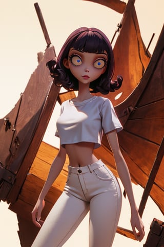 Christina Ricci in Black Snake Moan in full length pose wearing cropped white t-shirt and hot-pants, curly black hair bangs hairstyle, hazel eyes, hyper detailed eyes, beautiful eyes, perky breasts in a white cropped t-shirt, perfect anatomy, centered, approaching perfection, dynamic, highly detailed, artstation, concept art, smooth, sharp focus, illustration, cinematic shallow depth of field dystopian background, trending on artstation, 8k, masterpiece, fine detail, muted color grade, intricate detail, perfecteyes, TimBurton Animation