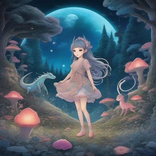 Create a highly detailed, cinematic, and UHD illustration of a mystical fairytale scene set in a meadow and forest at night. The scene features a cute, vivid, tiny Yokai fairy girl and a perfect Asian ghost dragon (Orochi) in an intricate pose. The Yokai fairy girl has extremely big, sharp, glowing eyes that stand out in the starry sky. The illustration is done in detailed ink and acrylic with vibrant colors and complex patterns. The style of the illustration is inspired by the works of Craola, Nicoletta Ceccoli, Beeple, Jeremiah Ketner, and Todd Lockwood. The final image should be a masterpiece with ultra details and small detailing, Unreal Engine 5, ray-tracing