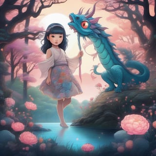 Create a highly detailed, cinematic, and UHD illustration of a mystical fairytale scene set in a meadow and forest at night. The scene features a cute, vivid, tiny Yokai fairy girl and a perfect Asian ghost dragon (Orochi) in an intricate pose. The Yokai fairy girl has extremely big, sharp, glowing eyes that stand out in the starry sky. The illustration is done in detailed ink and acrylic with vibrant colors and complex patterns. The style of the illustration is inspired by the works of Craola, Nicoletta Ceccoli, Beeple, Jeremiah Ketner, and Todd Lockwood. The final image should be a masterpiece with ultra details and small detailing, Unreal Engine 5, ray-tracing