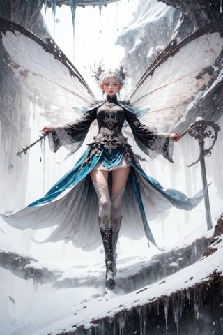1girl, fairy of ice, frost, icicles, fairy wings,
High quality, detailed, masterpiece, swirling upward in a spiral of fog and snow, weapon