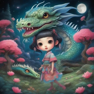   ultra highly detailed, cinematic, UHD, Asian folklore,  detailed  ink, acrylic, storybook illustration,  cute  vivid tiny   Yokai  fairy   girl  and  perfect  Asian  ghost dragon, extremely big sharp  glowing   eyes,  meadow, forest,  night, stars, starry sky, fairytale,  storybook,   mystical, highly detailed unusual  highly detailed, intricated, intricated pose,   masterpiece, high quality, ultra details, small detailing, vibrant colors, complex patterns, unreal engine, true style of Craola and Nicoletta Ceccoli and Beeple and Jeremiah Ketner and Todd Lockwood