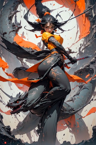 Best quality, masterpiece, ultra high res, 1 girl, beautiful face, detailed skin, gu, dragon, full body, weapon, black hair, holding weapon, blood, arm guards, male focus, looking at viewer, black eyes, tabi, floating hair, full body, orange, hands up