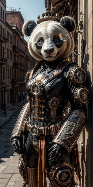 (8k, 3D, UHD, highly detailed, masterpiece) A steampunk panda bear • Intricately detailed, intricate complexity, 8k resolution, octane render, hdr+, photoreal, hyperreal, masterpiece, perfect anatomy

add a steampunk city in the background
,mecha musume