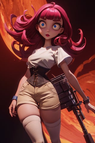 Carol-Anne Wilder in full length pose wearing cropped white t-shirt and booty-shorts, curly red-magenta hair bangs hairstyle, hazel-blue eyes, hyper detailed eyes, beautiful eyes, perky breasts in a red corset, perfect anatomy, centered, approaching perfection, dynamic, highly detailed, artstation, concept art, smooth, sharp focus, illustration, cinematic shallow depth of field, chempunk dystopian background, trending on artstation, 8k, masterpiece, fine detail, muted cinematic lut, intricate detail, perfecteyes, TimBurton Animation