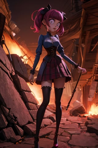 Carol-Anne Wilder in full length pose, curly black-magenta hair bangs hairstyle with a big black bow on the side, hazel-blue eyes, hyper detailed eyes, beautiful eyes, perky breasts in a maroon and black corset and wearing a black short tartan skirt and thigh high black stockings, perfect anatomy, centered, approaching perfection, dynamic, highly detailed, artstation, concept art, smooth, sharp focus, illustration, cinematic shallow depth of field, chempunk dystopian background, trending on artstation, 8k, masterpiece, fine detail, muted cinematic lut, intricate detail, perfecteyes, TimBurton Animation