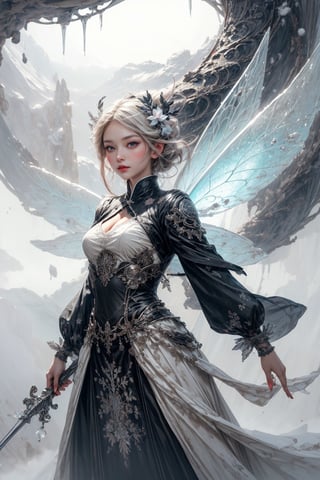 1girl, fairy of ice, frost, icicles, fairy wings,
High quality, detailed, masterpiece, swirling upward in a spiral of fog and snow, weapon