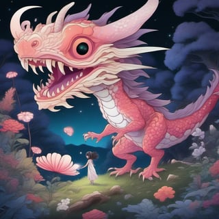 Create a highly detailed, cinematic, and UHD illustration of a mystical fairytale scene set in a meadow and forest at night. The scene features a cute, vivid, tiny Yokai fairy girl and a perfect Asian ghost dragon (Orochi) in an intricate pose. The Yokai fairy girl has extremely big, sharp, glowing eyes that stand out in the starry sky. The illustration is done in detailed ink and acrylic with vibrant colors and complex patterns. The style of the illustration is inspired by the works of Craola, Nicoletta Ceccoli, Beeple, Jeremiah Ketner, and Todd Lockwood. The final image should be a masterpiece with ultra details and small detailing, Unreal Engine 5, ray-tracing