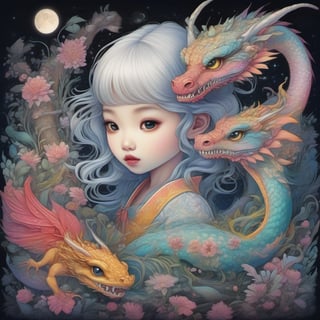   ultra highly detailed, cinematic, UHD, Asian folklore,  detailed  ink, acrylic, storybook illustration,  cute  vivid tiny   Yokai  fairy   girl  and  perfect  Asian  ghost dragon, extremely big sharp  glowing   eyes,  meadow, forest,  night, stars, starry sky, fairytale,  storybook,   mystical, highly detailed unusual  highly detailed, intricated, intricated pose,   masterpiece, high quality, ultra details, small detailing, vibrant colors, complex patterns, unreal engine, true style of Craola and Nicoletta Ceccoli and Beeple and Jeremiah Ketner and Todd Lockwood