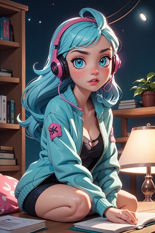 1girl, (masterpice), best quality, high quality, noon, night, high detailed, perfect body,perfect_face, high_detailed_face, realism face, good body, big_ass, small_breasts, aqua_glowing_eyes, glowing eyes and hair,  siting down next to her desk studing, wearing a blue headphone, lofi-girl, (Wearing headphone), lofi chill out,  inside her bedroom, Night pink gradient lighting, dog, books, lamp, pen, teddy bear on her desk, serious, lofi girl room decorations, hard light, night, facing the viewer, hair ornament, blue_glowing_hair, makeup ,long_hair, lipstick ,blush ,short_braided_hair, female, light-skinned_female ,light_skin ,skin_contrast, blue shirt, silver covered jacket