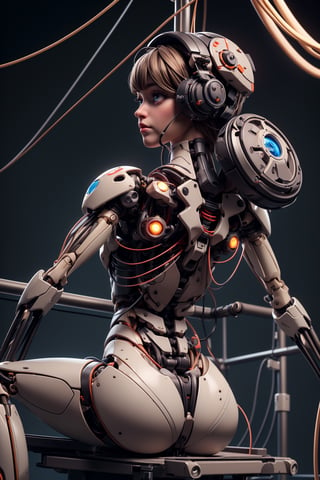 (((Perfect Face)))((Full shot)), (((masterpiece))), (((best quality))), ((ultra-detailed)), (highly detailed CG illustration), ((an extremely delicate and beautiful)),((Chest covered)), cinematic light,((1mechanical girl)),solo,((upper torso hanging by wires)),((Hanging by wires and tubes)), (((no legs attached))), (machine made joints:1.2),((machanical limbs)),(blood vessels connected to tubes),(mechanical vertebra attaching to back),((mechanical cervial attaching to neck)),(sitting),expressionless, (chest covered), (wires and cables attaching to neck:1.2),(wires and cables on head:1.2),(character focus),science fiction, extreme detailed, colorful, highest detailed,perfecteyes