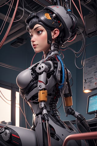 (((Perfect Face)))((Full shot)), (((masterpiece))), (((best quality))), ((ultra-detailed)), (highly detailed CG illustration), ((an extremely delicate and beautiful)),((Chest covered)), cinematic light,((1mechanical girl)),solo,((upper torso hanging by wires)),((Hanging by wires and tubes)), (((no legs attached))), (machine made joints:1.2),((machanical limbs)),(blood vessels connected to tubes),(mechanical vertebra attaching to back),((mechanical cervial attaching to neck)),(sitting),expressionless, (chest covered), (wires and cables attaching to neck:1.2),(wires and cables on head:1.2),(character focus),science fiction, extreme detailed, colorful, highest detailed