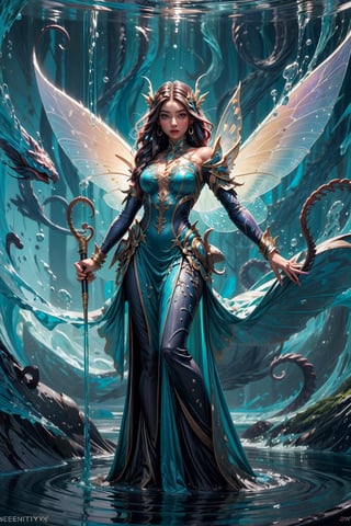 1girl, full length, fairy of water, scales, tenticles, fairy wings,
High quality, detailed, masterpiece, swirling upward in a spiral of water, weapon,EnvyBeautyMix23,Science Fiction