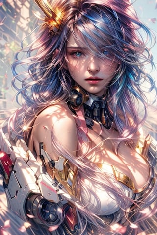 High quality, masterpiece, exquisite facial features, exquisite hair, exquisite eyes, gradient colored hair, 4K quality, gorgeous light and shadow, Tyndall effect, halo, messy hair, young state, gorgeous scenes, big breasts, exquisite breasts,mecha