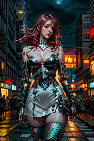 Red haired  woman walking naked in night  megalopolis , neon lights in the background ,moon light empty street,skyscrapers ,vintage ,diffused lighting, volumetric lighting ,realistic,cyberpunk robot,perfecteyes