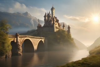 fantasy castle, mountain background, dramatic atmosphere, foggy morning, sun ray, river, bridge, photorealistic, masterpiece, 8k, high_resolution,Movie Still